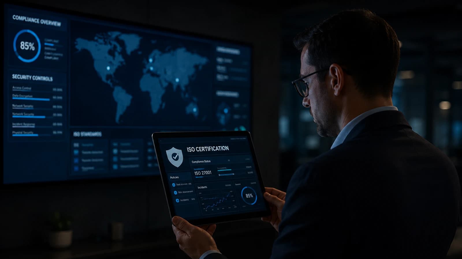 A man holding a tablet that shows an ISO certification dashboard, in front of a wall screen of compliance charts.