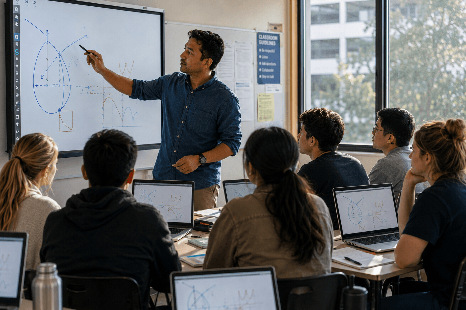 A teacher at a whiteboard with students working on laptops