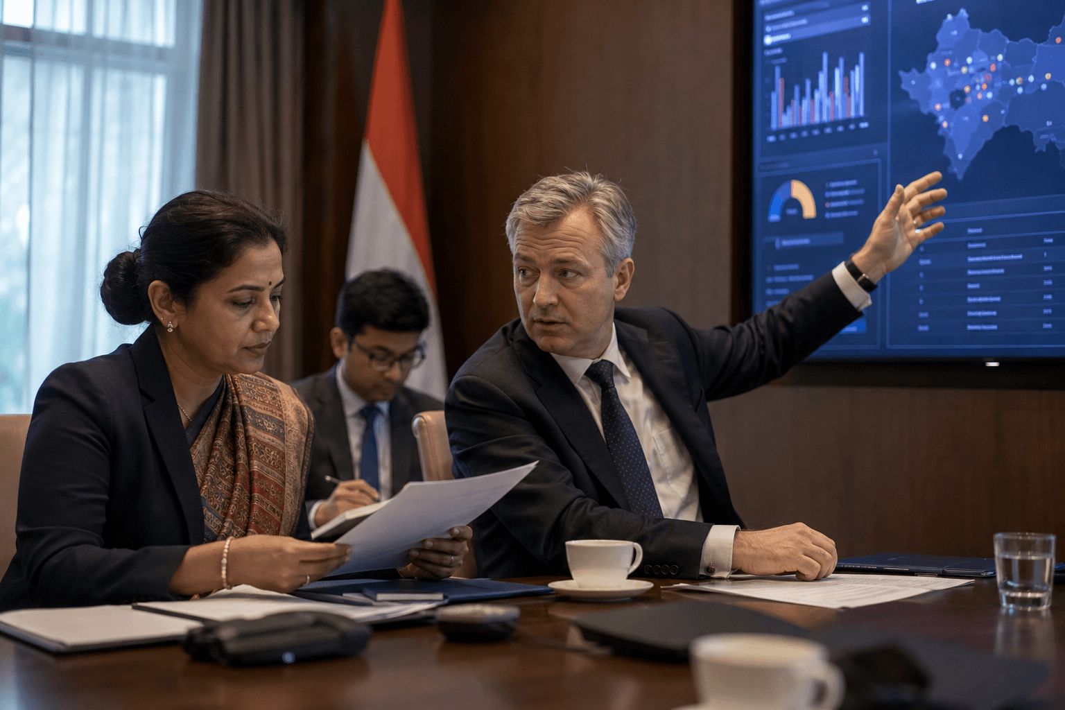 Officials reviewing documents in a meeting room, with a data dashboard on the wall