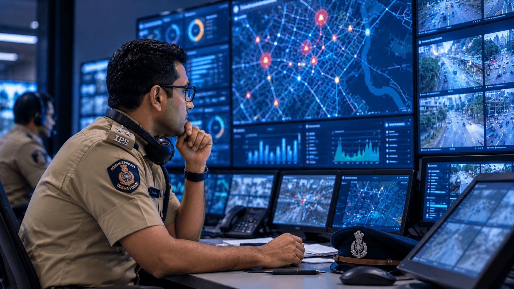 An officer in a control room watching maps and camera feeds