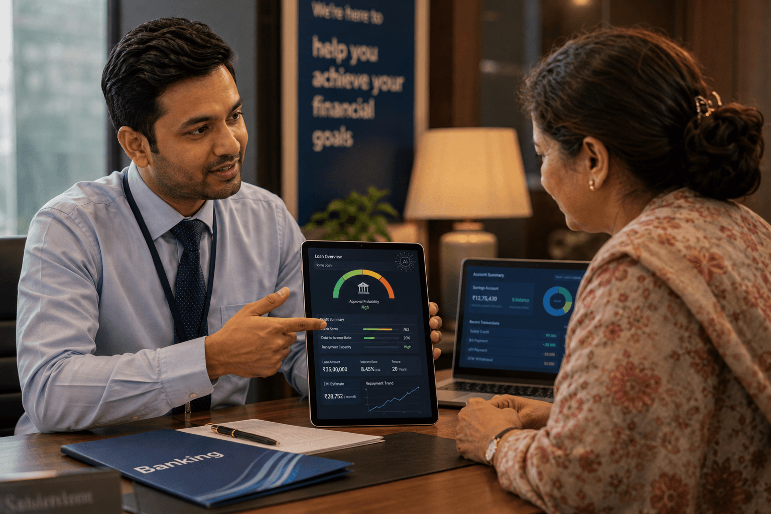 A banker showing a customer a credit dashboard on a tablet